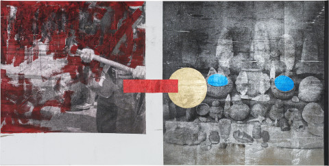 Brook Andrew Ceramics I, 2018; ink, acrylic paint, linen; 125 x 250 x 5 cm; enquire