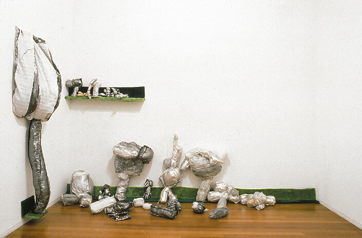 Kathy Temin Corner Larme Cubi, 1993; lamè, paint, stuffing, fur, massonite; dimensions variable; enquire