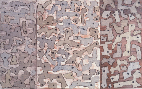 Rosalie Gascoigne Lambing, 1991; torn linoleum on plywood; 120 x 191 cm; enquire