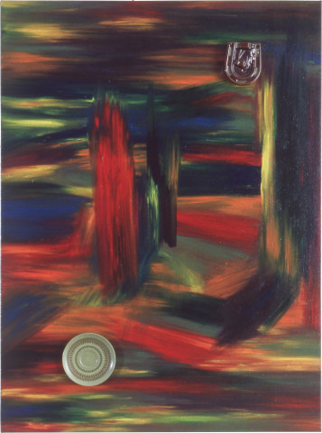 Dale Frank Red trees and yellow trees with meteors, 1984; acrylic and mixed media on canvas; 122 x 91 cm; enquire