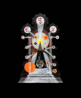 Fiona Hall Wrong Way Time (mantle clock 2 - currency), 2014; Mantle Clock, paint; 57 x 36.5 x 13 cm; enquire