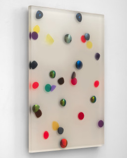 Jim Lambie September 1980, The Crystal Ship, 2026; resin, sunglasses lens, birch plywood, paint; 91.5 x 61 x 5 cm; enquire