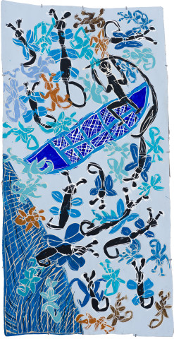 Dhambit Munuŋgurr My grandfather and the butterflies, 2020; 3361-20; earth pigments and acrylic on bark; 177 x 90 cm; more info; enquire