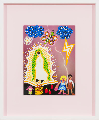 Kaylene Whiskey Mary and Lightning, 2022; acrylic on page from found book; 26.7 x 20.7 cm; 47 x 39 cm (framed); enquire