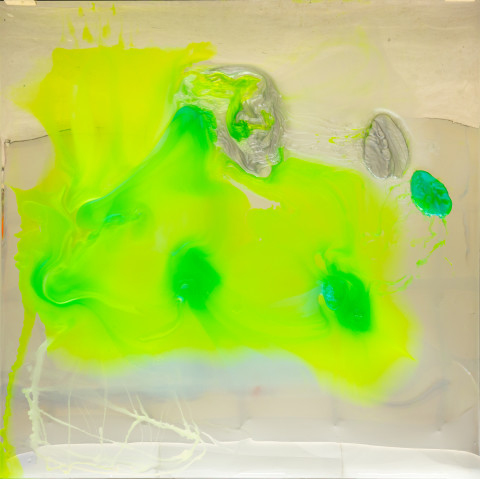 Dale Frank The men he befriended he always drugged three times, to get them home, to have sex with them, and to kill them, always the way he wanted, 2026; colour powder pigments in Epoxyglass, Epoxyglass, on perspex; 200 x 200 cm; more info; enquire