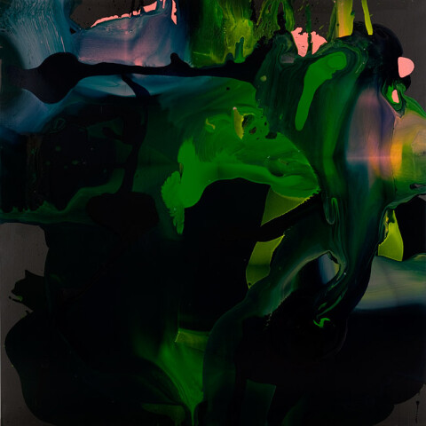 Dale Frank 15. In essence his only regret was that he could not do it again, start over again, do it differently, maybe not so differently. Start again, a second chance basically. And if not that, then to live forever, Vampirism power to stay around forever. , 2009; varnish on canvas; 200 x 200 cm; enquire
