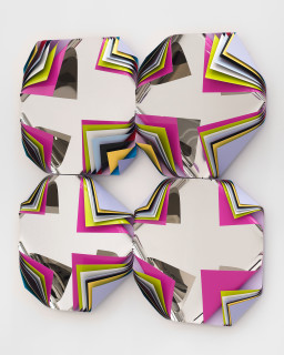 Jim Lambie Metal Box (Ludisia Orchid), 2025; polished steel and aluminium sheets,
gloss paint; 120 x 120 x 20 cm; enquire