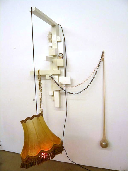 Mikala Dwyer Untitled (Wall lamp 2), 2010; wood, metal, fabric,clay, glass, leather, plant matter, crystal, porceline, light.; approximatley 100 x 100 x 50cm (dimensions variable); enquire
