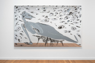 installation view; Tom Polo slow ghost (the begin again), 2025; oil stick and acrylic on Flexmirror; 182 x 298 cm; enquire
