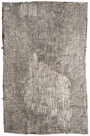 Nyapanyapa Yunupiŋu Untitled, 2015; 4786R; natural earth pigments on bark; 75 x 50 cm; enquire