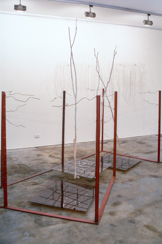 Joan Brassil Time Mirages, 1986; steel, perspex, glass, gum tree saplings, wire (brass, copper, steel); dimensions variable; enquire