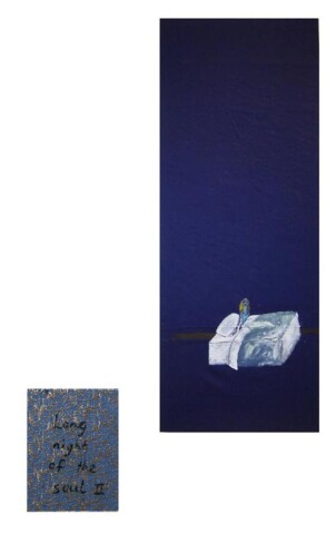 Jenny Watson Long night of the soul II, 2004; 2 panels: acrylic on Indian cotton, acrylic on Indian brocade; 2 panels: 190 x 80cm, 40 x 30.5cm; enquire