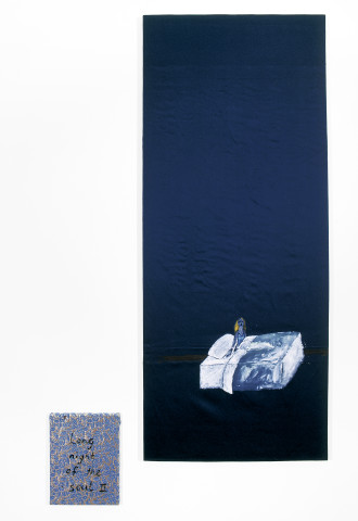 Jenny Watson Long night of the soul II, 2004; 2 panels: acrylic on Indian cotton, acrylic on Indian brocade; 2 panels: 190 x 80cm, 40 x 30.5cm; enquire