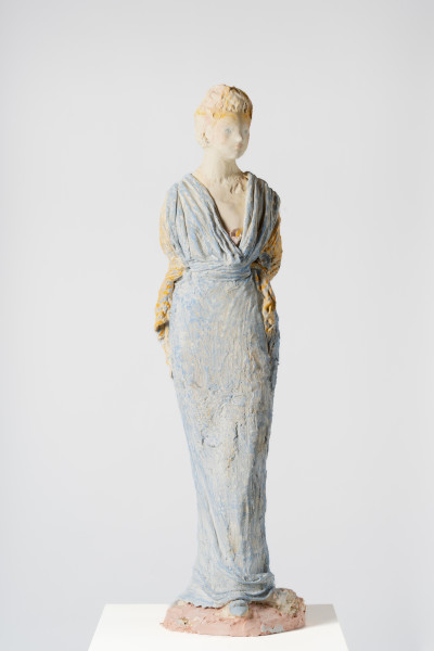 Linda Marrinon Woman with a tiara, 2025; tinted and painted plaster and muslin; 110 x 26 x 20 cm; enquire