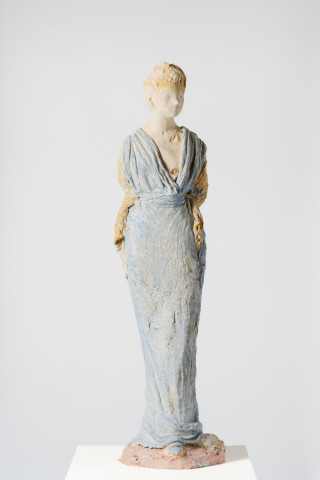 Linda Marrinon Woman with a tiara, 2025; tinted and painted plaster and muslin; 110 x 26 x 20 cm; more info; enquire