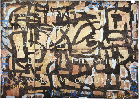 Imants Tillers Nature Speaks: R, 2006; acrylic, gouache on 16 canvasboards nos.   78856 - 78871; 101.6 x 142.2 cm; enquire