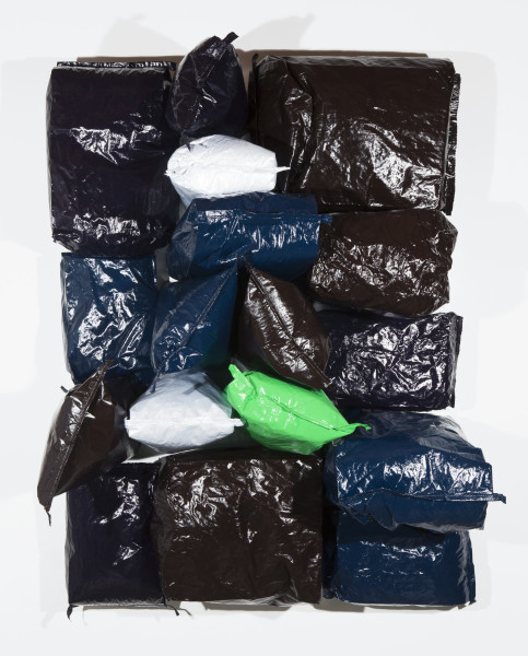 Jim Lambie Purple Night, 2015; Potato bags, acrylic paint, expanding foam on canvas; 171 x 124 x 64 cm