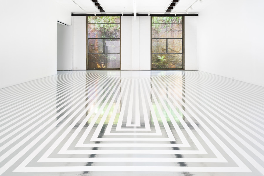 Jim Lambie Zobop Broadband (White and
Chrome), 2025; White and chrome vinyl tape; dimensions variable; Edition of 3 + 1 AP; enquire