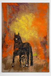 Jenny Watson Mare and foal, Macclesfield, 1998, 2026; acrylic and Japanese pigment on rabbit skin glue primed Belgian linen; 213.5 x 145.5 cm; enquire