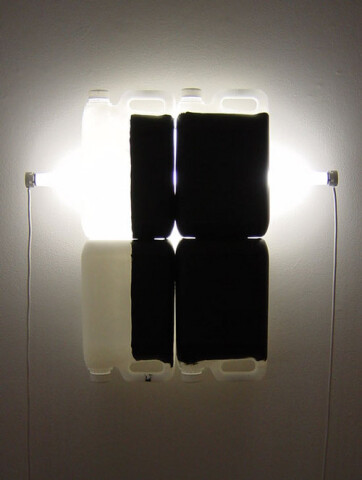 Bill Culbert Black on White VI, 2004; fluorescent lights, electrical cords, plastic bottles, acrylic paint; 58 x 62 x 13 cm; enquire