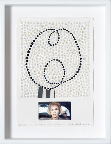 Rohan Wealleans Psycho White Man Bird Swirl Lollypop, 2014; paint on paper, found lenticular print; 29.5 x 21 cm; enquire