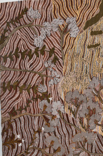 Yalmakany Marawili Nindjiya the floodplain (detail), 2025; 6568-25; earth pigments on stringybark; 200 x 80 cm; enquire