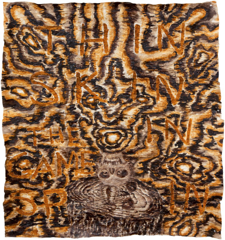 Fiona Hall Skin in the Game, 2013; bark cloth with earth pigments and plant dyes; 140 x 126 cm; enquire