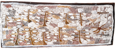 Nyapanyapa Yunupiŋu Camping in the Orchard, 2009; 3513Y; Natural earth pigments on bark; 156 x 64 cm; enquire