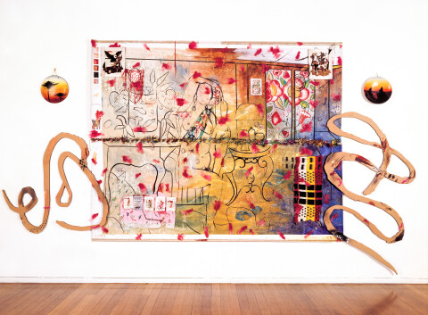 Juan Davila Matisse Interior, 1991; oil, enamel & collage on canvas & wood; 243 x 408 cm; enquire