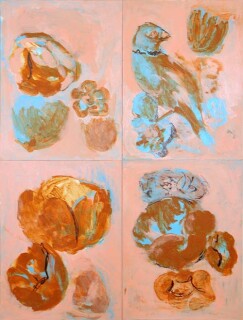 Tony Clark Still life with bird, 2004; acrylic and permanent ink on prepared paper on board 4 panels; 61 x 45 cm; enquire