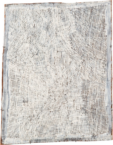 Nyapanyapa Yunupiŋu White Painting #4, 2009; 3583L; Natural earth pigments on bark; 65 x 80 cm; enquire