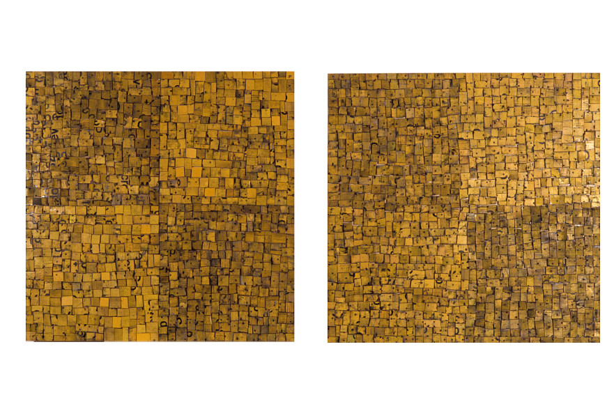 Rosalie Gascoigne Sunflowers, 1991; sawn / split soft drink crates on plywood (diptych); overall dimensions: 122 x 244 cm