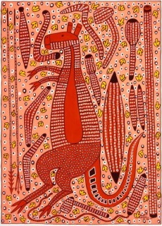 Robert Campbell Jnr Kangaroo and Weapons, 1986; acrylic on cardboard; 91.5 x 61.5 cm; enquire