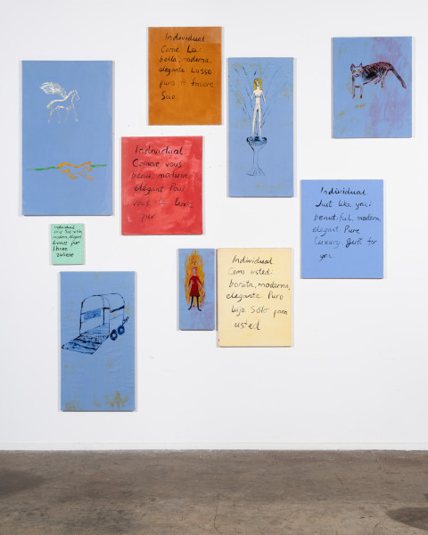 Jenny Watson Blue Set, 1994; Oil on cotton & Indian pigment on stretchers; 10 panels; dimensions variable; enquire