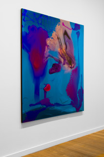 installation view; Dale Frank He hated everyone in his share house, as if proximity demanded emotional closeness, but he found the best way for it to work was as if each owed him a lot of cash, with interest, a specialised personal interest paid weekly, 2026; colour powder pigments in Epoxyglass, Epoxyglass, on perspex; 200 x 180 cm; enquire