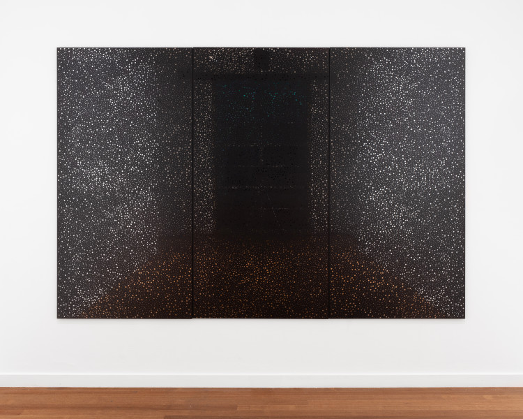 Daniel Boyd Untitled (MMMMIADC), 2025; UV curable ink on one way mirror; 199 x 301 cm; enquire