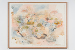John Wolseley Great desert skink commune – basking mound, birthing pool and defecatorium, 2025; watercolour and graphite on paper; 118 x 154 cm; 134 x 169 cm (framed); enquire