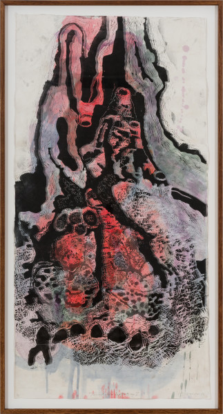 John Wolseley Termitaria Indwelling V, 2025; linocut and watercolour on paper; 188 x 96 cm; 205 x 110 cm (framed); Edition of 5; enquire