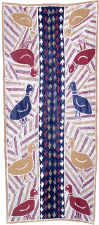 John Baya Djirigitj - Quails, 1989; natural ochre pigments on Stringybark; 106 x 49 cm; enquire