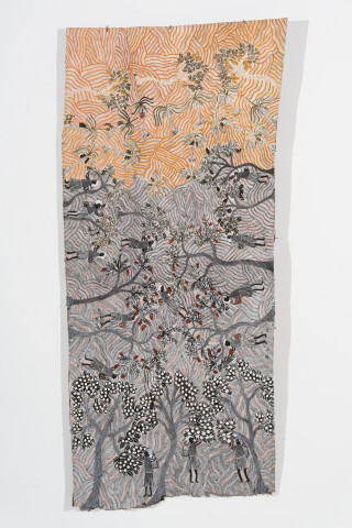 Yalmakany Marawili Harvesting fruit, 2025; 3525-25; earth pigments on stringybark; 216 x 97 cm; more info; enquire