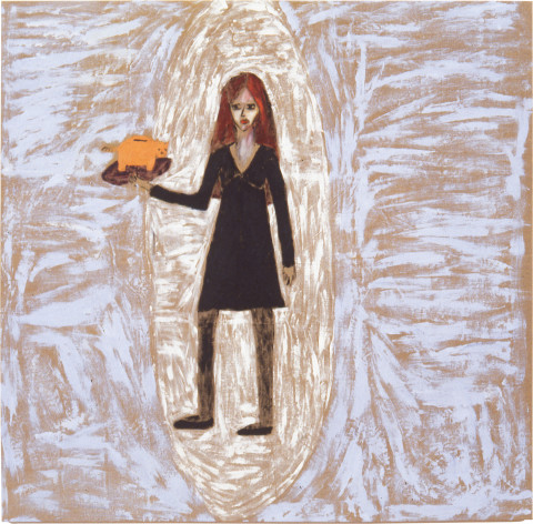 Jenny Watson Self-Portait With A Very Realistic Piggy-Bank, 1993; Oil on acrylic on Belgian linen; 184 x 188 cm; enquire