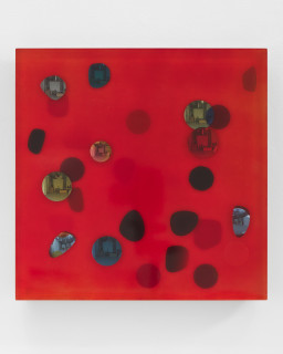 Jim Lambie July 2002, Coral red unveils across a silken sky, 2026; resin, sunglasses lens, birch plywood, paint; 51 x 51 x 5 cm; enquire