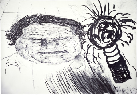 Mike Parr Clocal Corridor (O Vio Prote/ O Vio Proto/ O Vio Loto/ O The 'the') Self Portrait as a Pair or Self Portrait as a Pun, 1983; charcoal and graphite on photographic backdrop; 183 x 1097 cm; enquire