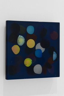 Jim Lambie August 2017, Cerulean Calm, 2026; resin, sunglasses lens, birch plywood, paint; 33 x 33 x 5 cm; enquire