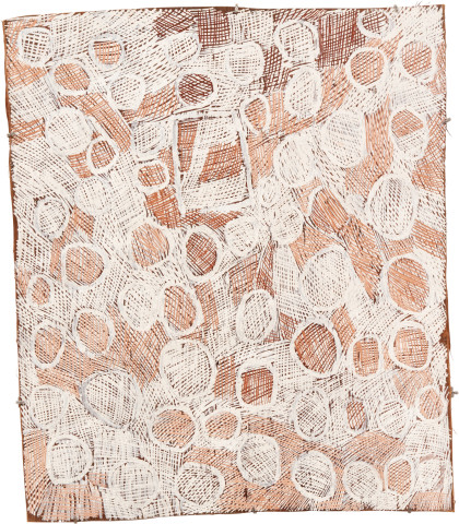 Nyapanyapa Yunupiŋu Mangutji #6 with Square, 2010; 3901J; Natural earth pigments on bark; 93 x 80 cm; enquire