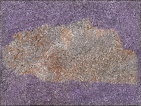 Daniel Boyd Untitled (AOBLLADM), 2022; oil, acrylic, charcoal, pastel and archival glue on linen; 92 x 122 cm; more info; enquire