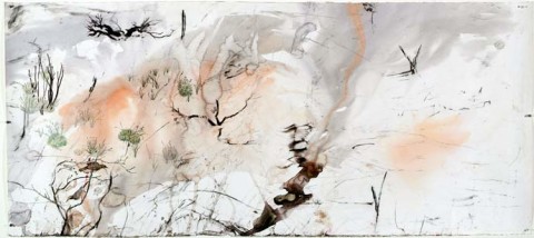 John Wolseley 7. When the wind stopped, 2004-05; watercolour and carbonised wood on paper; 87 x 196 cm (paper), 109.7 x 218 cm (framed); enquire
