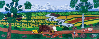 Robert Campbell Jnr Working on the Macleay, 1989; acrylic on canvas; 47.5 x 119.5 cm; enquire