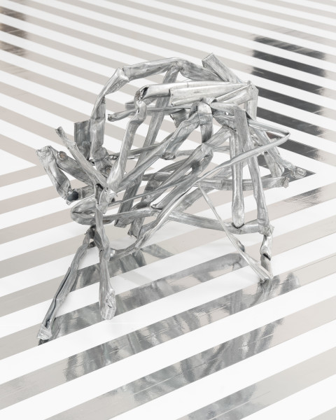 Jim Lambie Crushed Barrier (Airwaves), 2026; crushed metal barrier and steel fencing wire; 46 x 60 x 60 cm; more info; enquire