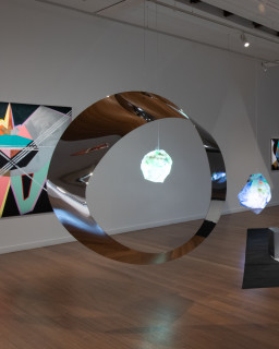 installation view; Mikala Dwyer Mobius, 2024; pol­ished stain­less steel; 160 x 170 x 40 cm; enquire